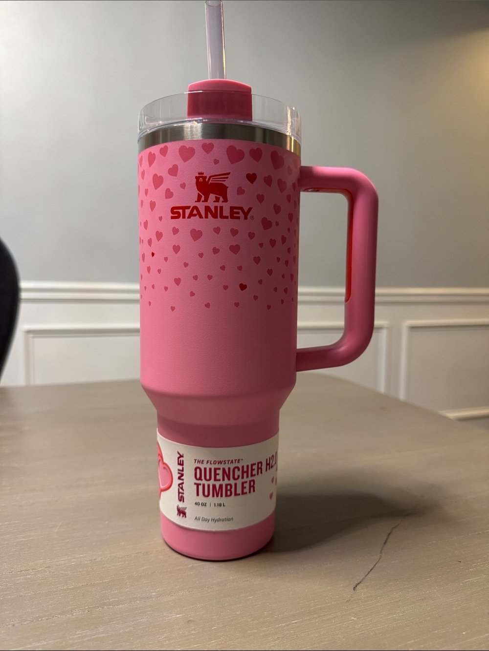 Stanley Pink Heart Pattern Quencher Tumbler with Handle